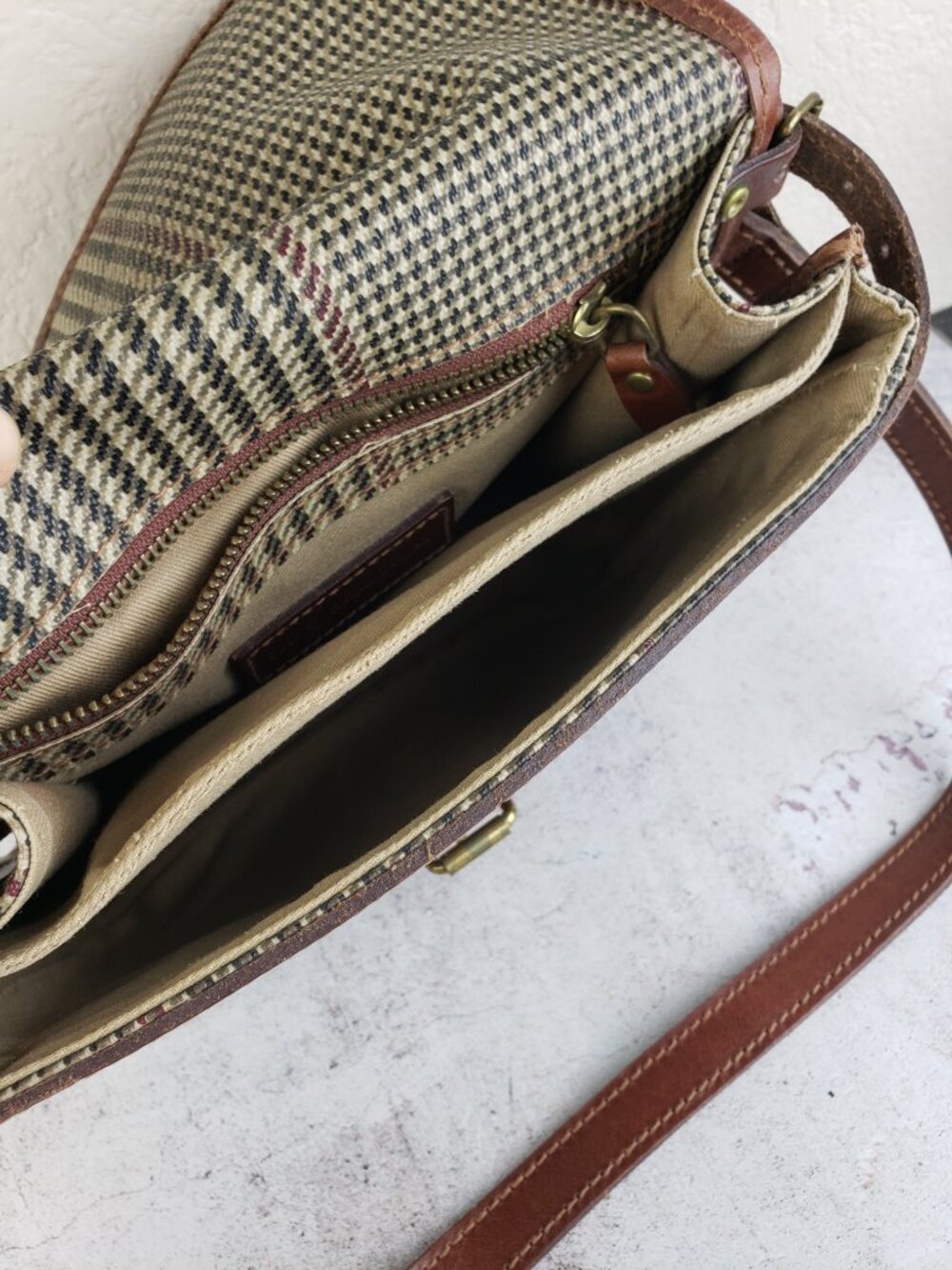 Vintage POLO Ralph Lauren Shoulder Bag Houndstooth Plaid Coated Canvas Leather - Picture 7 of 15